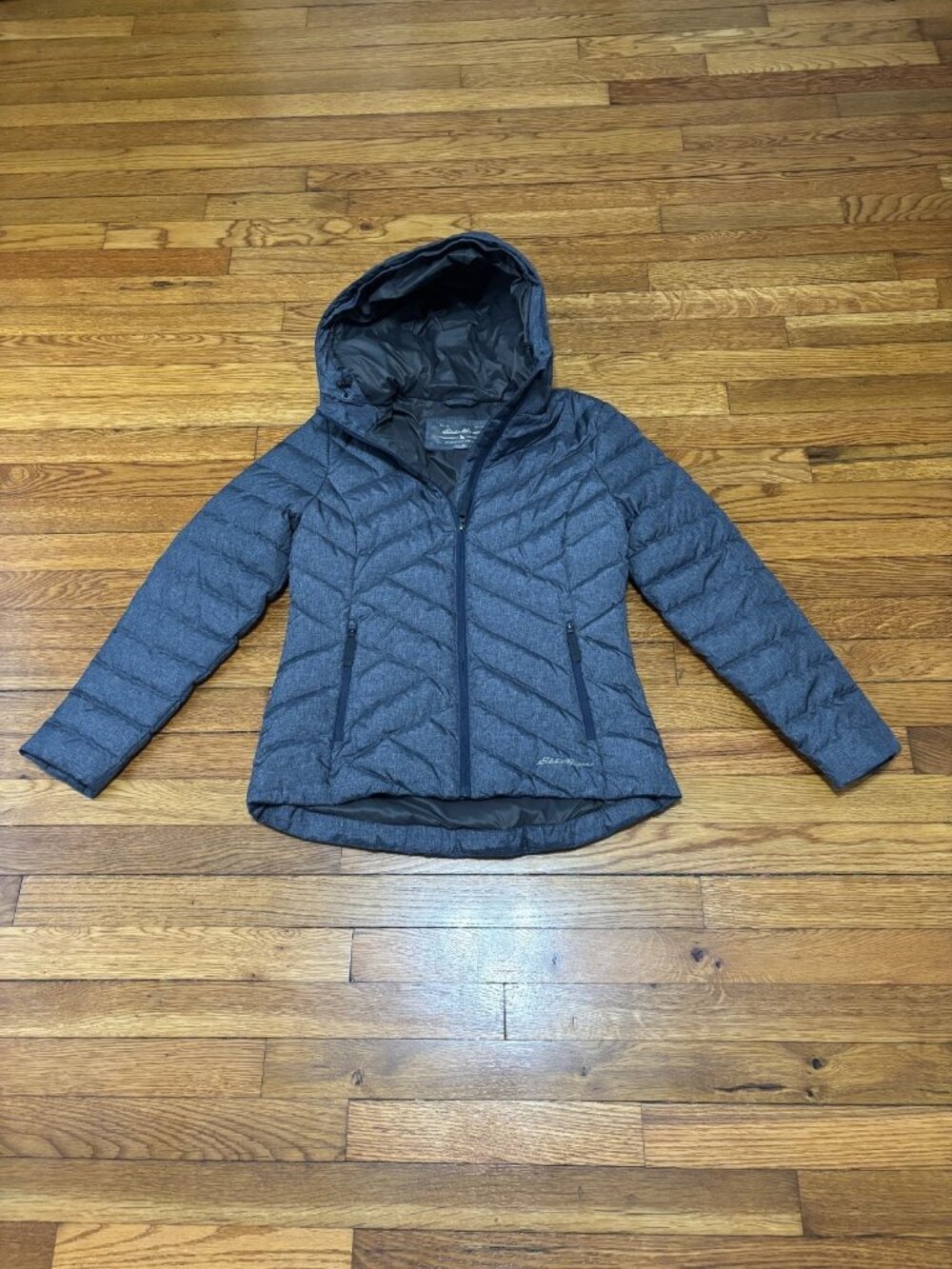 Eddie Bauer Womens Down Insulated Puffer Jacket Size PS Gray Hooded Full Zip